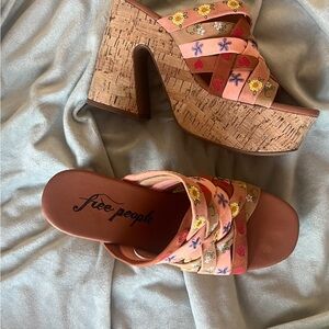 Free People Floral Embroidered Platform Sandals - Pink and Brown